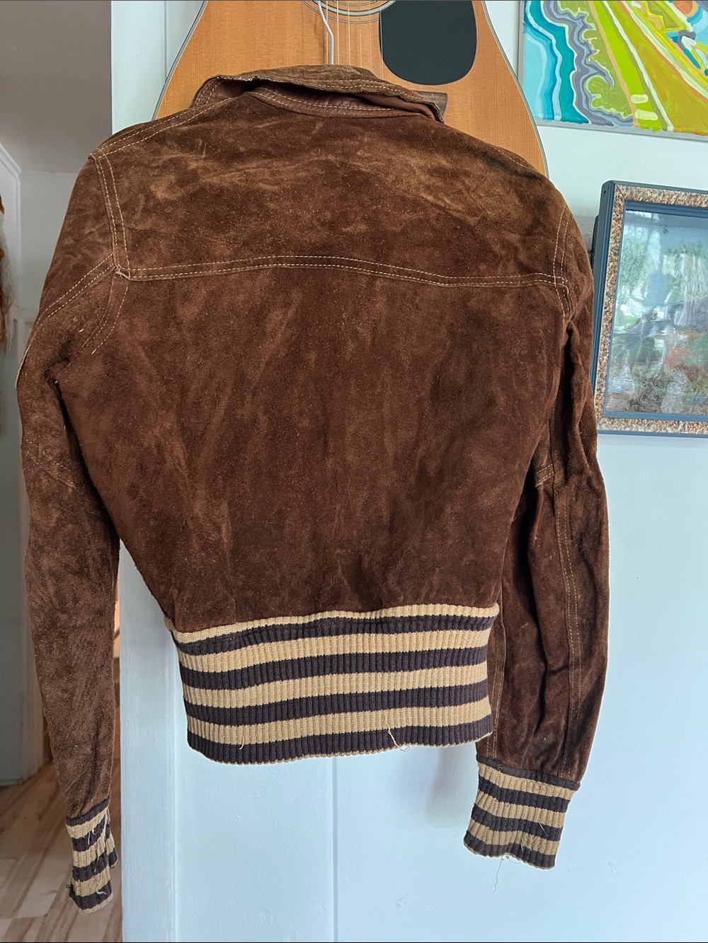 Brown Reversible Leather Suede Bomber Jacket Striped Knit Trim Woman Size Small - Picture 6 of 12
